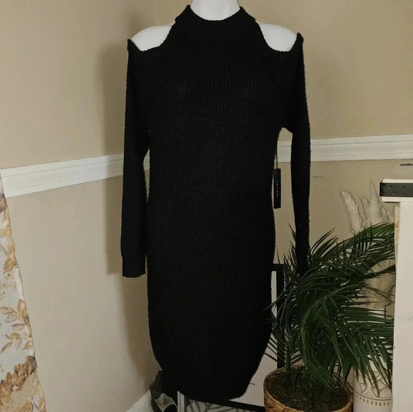 TAHARI Long Sleeve Sweater Dress Open Shoulder Black - Picture 7 of 8